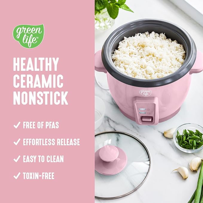 GreenLife Rice Cooker, 3-Cups Uncooked/6-Cups Cooked, Pink | PFAS-Free Ceramic Nonstick Removable Pot, One-Switch Design, Grains Multicooker, Keep Warm, Dishwasher Safe Parts, Easy Clean
