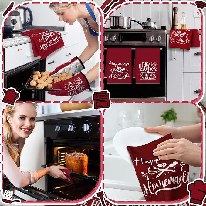 Sratte 6 Pcs Kitchen Decor Accessories Set, Kitchen, Wine Red | Farmhouse Kitchen Towels Pot Holders Oven Mitts Set 2 Dish Towels 2 Potholders 2 Cooking Mittens for Baking Cooking Supply