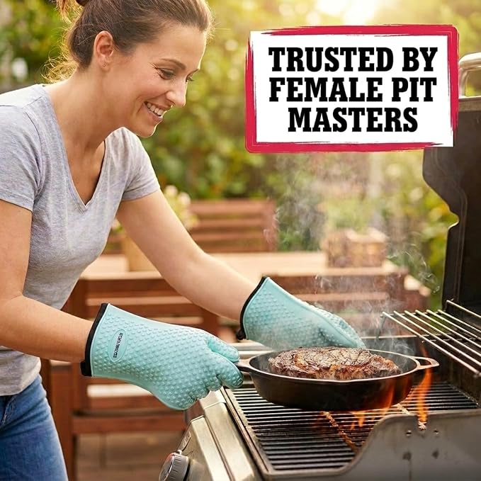 KITCHEN PERFECTION Silicone Smoker BBQ Gloves - Heat Resistant Oven Mitts | Made For Women, Waterproof, 5-Finger Design For A Better Grip, For Meat Smoking, Grilling, Cooking, Frying Turkey, Grill Gift