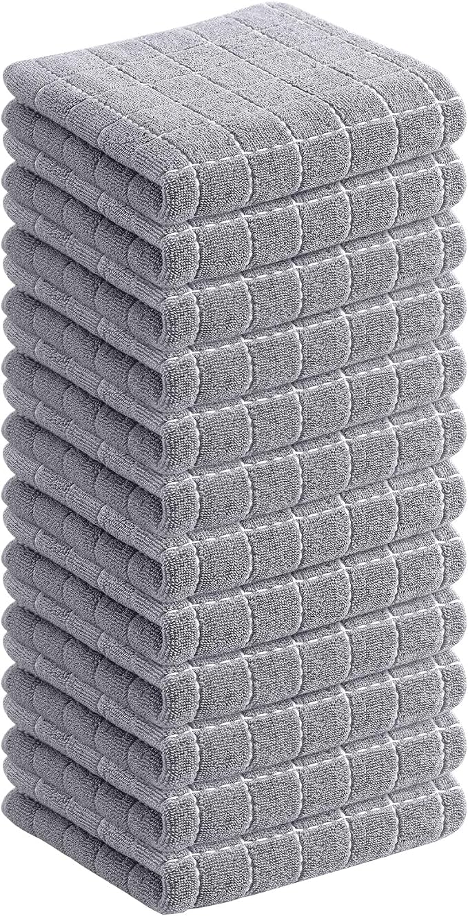 Homaxy 100% Cotton Terry Kitchen Dish Cloths, 12 Pack, Light Grey | Ultra Soft and Absorbent, Suitable for Drying and Washing Dishes