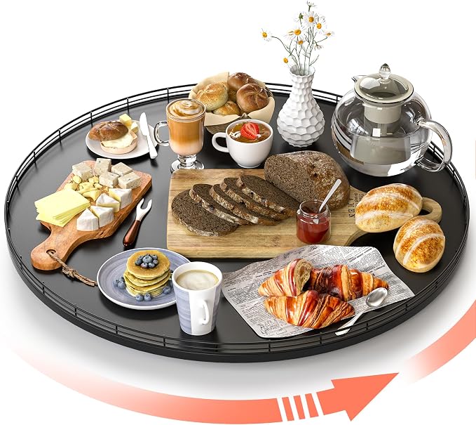 Oroyutor 24-Inch Extra Large Oak Lazy Susan with Black Metal Rail | Rotating oak tray organizes spices, toiletries and decor on kitchen counters, bathroom vanities, dining and coffee tables.