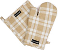 Encasa XO Oven Mitts and Pot Holders Set, Heat Resistant Cotton | Franca Beige Checks, Diamond Quilted | Non-Slip Grip | Microwave & Oven Safe | Hanging Loop | Machine Washable | Set of 2