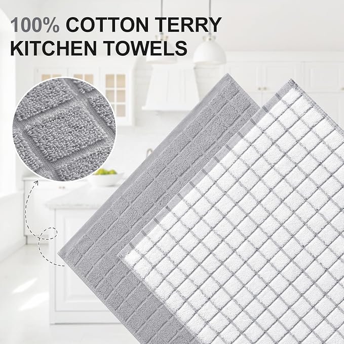 Homaxy Large Premium Cotton Kitchen Towels 16"x 28", 4 Pack, Light Grey | Natural Ring Spun 390 GSM Dish Towels, Super Absorbent Terry Kitchen Hand Towels, Soft Tea Towels with Hanging Loop