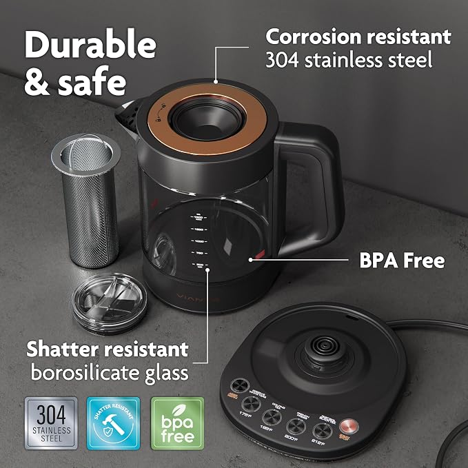 Viante Alba Electric Tea Kettle With Infuser, No Plastic, 1.5L, Black | Borosilicate glass & 304 stainless steel construction. 4 temp presets, keep-warm, cordless, auto shut-off
