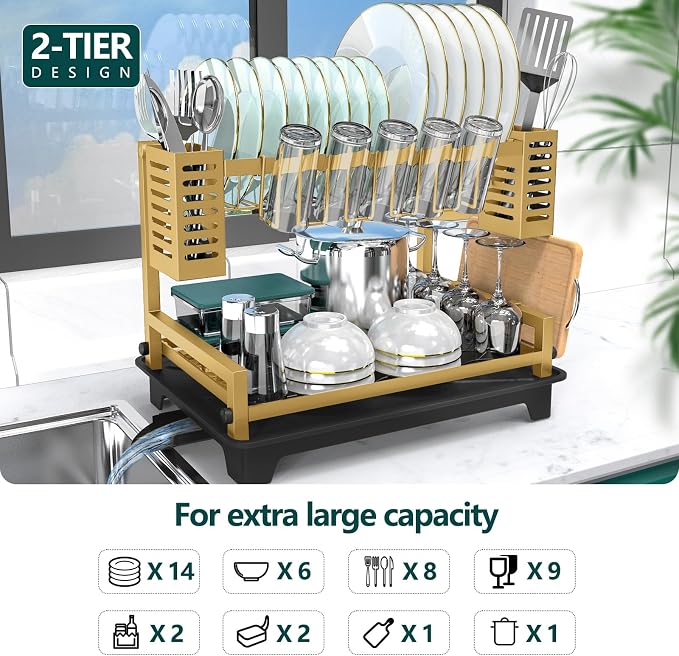 Dish Drying Rack, Rust-Proof 2 Tier Dish Racks for Kitchen Counter | Large Dish Drying Rack with Drainboard & Utensil Holders, Dish Drainers,Kitchen Organization Gold