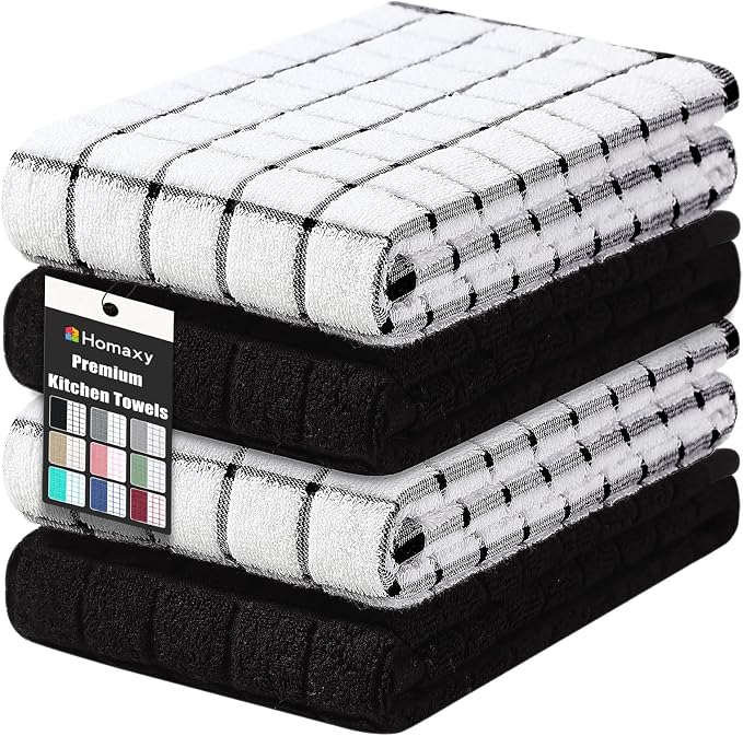 Homaxy Large Premium Cotton Kitchen Towels 16"x 28", 4 Pack, Black | Natural Ring Spun 390 GSM Dish Towels, Super Absorbent Terry Kitchen Hand Towels, Soft Tea Towels with Hanging Loop