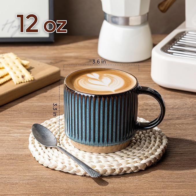 GBhome 12 OZ Stackable Coffee Mugs Set of 4, Ceramic Coffee Cups Set | 4 Assorted Designs, Embossed Mugs with Texture Patterns for Tea/Coffee, Dishwasher&Microwave Safe, Deep Blue