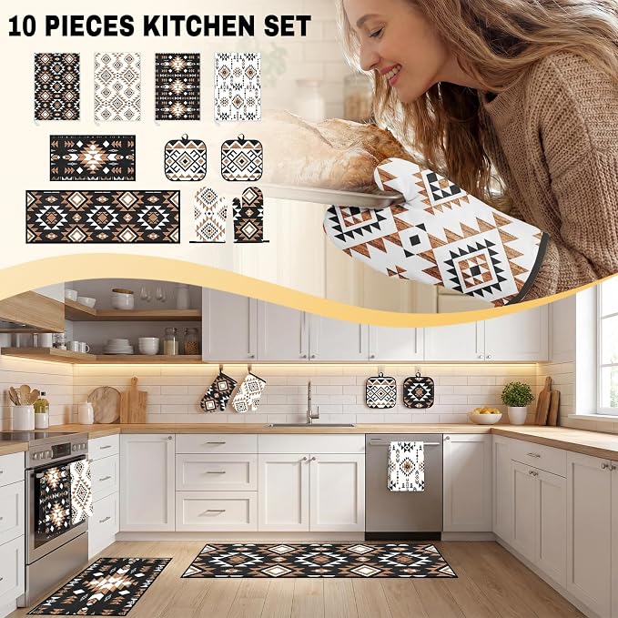 10 Pcs Kitchen Decor and Accessories Set, Western Boho | Aztec Tribal Geometric 4 Dish Towels Kitchen Rugs 2 Oven Mitts 2 Pot Holders, Home Decor for Cooking Baking BBQ Housewarming
