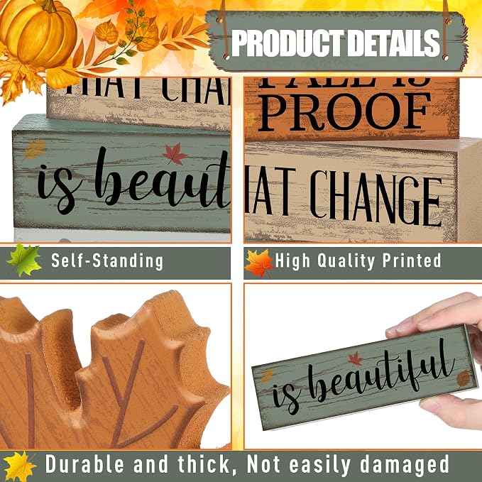 Lineshading 4 Pcs Fall Decoration For Home Wooden Maple Leaf Stacked Decor | Rustic Thanksgiving Table Centerpiece, Tiered Tray Styling, Beautiful Change Quote, Autumn Seasonal Home Accents