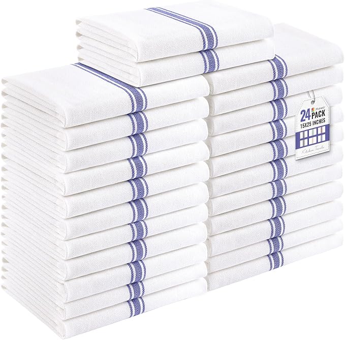 Homaxy 100% Ring Spun Cotton Kitchen Towels 24 Pack, Blue Stripe | 15 x 25 Inch, Highly Absorbent Dish Towels for Kitchen Drying, Reusable Cleaning Cloths, Soft Tea Towels with Hanging Loop