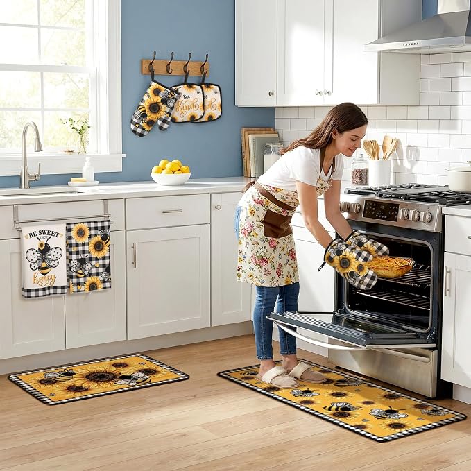 Fourluoo 10 Pcs Bee Kitchen Decor Set Kitchen Towels Rugs Oven Mitts and Pot Holders for Bee Festival Cooking Baking Grilling Gift
