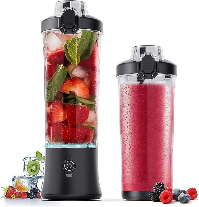 Portable Blender,USB 600ML Electric Juicer Fruit Mixer,4000mAh,Personal compact travel juicer,Smoothies,Fresh juice,Self-cleaning,Leakproof lid, Smart time display,6 blades,with strong blending,Black