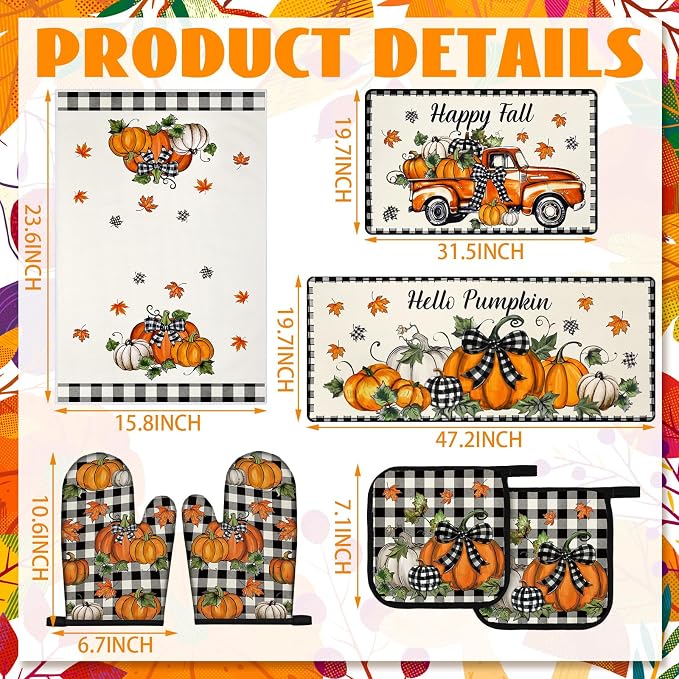Fanfanwin 10 Pcs Fall Pumpkin Kitchen Decor and Accessories Set Pumpkin Kitchen Rugs Towels Pot Holders Oven Mitts Set for Autumn Baking Cooking BBQ Gift