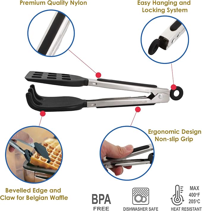 Mini Waffle Tongs by StarBlue – 8 Inches Silicone and Nylon Serving Tongs with Non-Slip Smooth Handles, Non-Scratch and Dishwasher Safe, Multipurpose Spatula Tongs for Belgian Waffle Serving