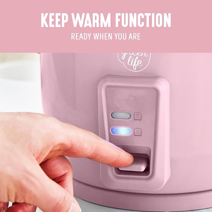 GreenLife Rice Cooker, 3-Cups Uncooked/6-Cups Cooked, Pink | PFAS-Free Ceramic Nonstick Removable Pot, One-Switch Design, Grains Multicooker, Keep Warm, Dishwasher Safe Parts, Easy Clean