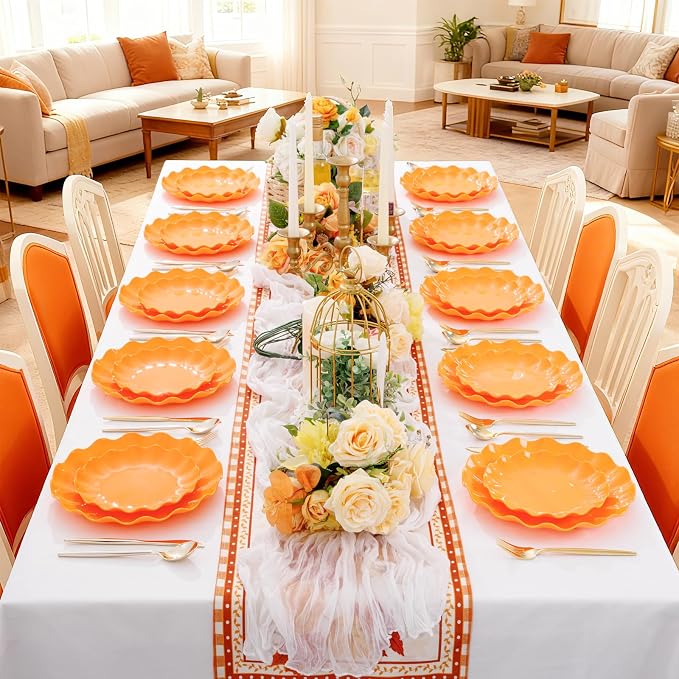 LIYH 50 Pcs Orange Scalloped Plastic Plates, Unbreakable Dishwasher Safe | BPA Free for Halloween Thanksgiving Day (25 Guests) - 10 Inch Dinner Plate and 7.5 Inch Dessert Plates