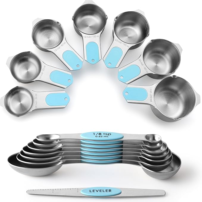 Spring Chef Magnetic Measuring Cups & Spoons Set of 15, Patented, Aqua Sky | Stackable Stainless Steel Measuring Cups & Heavy Duty Metal Measuring Spoons with Levelers for Dry & Liquid Ingredients