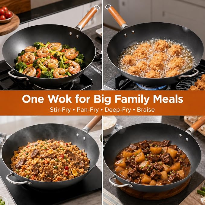 WANGYUANJI 14.2" Carbon Steel Wok with Lid, Flat Bottom Chinese wok | No Chemical Coating Large Nitriding Stir Fry Pan, Rust Resistant Iron Skillet for Induction Electric Gas Stoves, Big Capacity