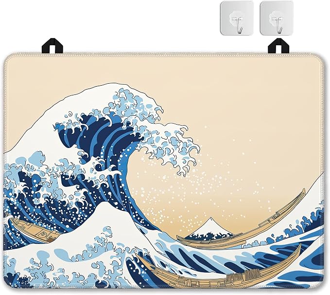 Japanese Wave Glass Top Stove Cover Protector,Vintage Stove Top Covers for Electric Stove,Washable Heat Resistant Cooktop Mat Anti-Slip Range Covers, 28 x 20 Inch
