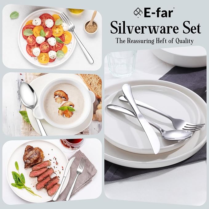 E-far Heavy Duty Silverware Set for 2, 10-Piece Stainless Steel Flatware Cutlery Set, Mirror Polished & Dishwasher Safe - Includes Spoons and Forks Knives Ideal for Home Kitchen