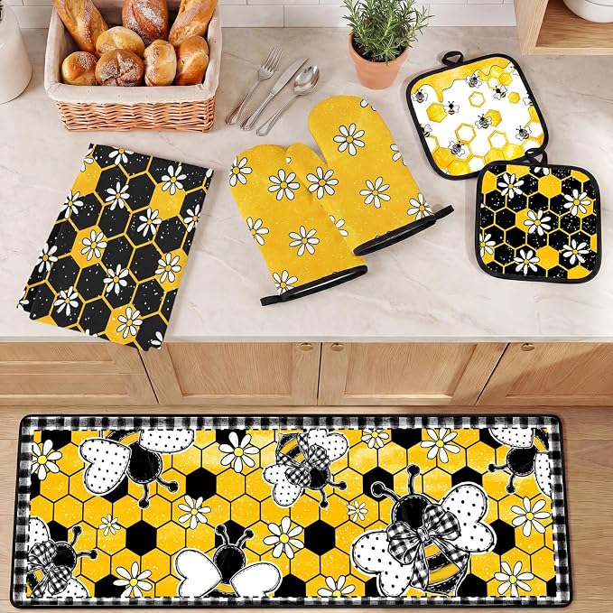 10 Pcs Kitchen Decor and Accessories Set, Bee Farmhouse | Honey Daisy Summer 4 Dish Towels Kitchen Rugs 2 Oven Mitts 2 Pot Holders, Home Decor for Cooking Baking BBQ Housewarming