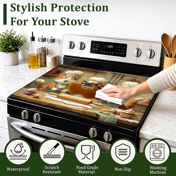 Cute Cat Chef Stove Top Cover Glass Cooktop Heat Resistant Cover,Ceramic Stove Top Covers Mat Prevents Scratching Stoves/Counter/Washer Protector,28.5x20.5 in