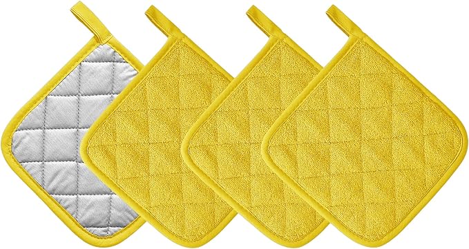 Kitchen Pot Holders Set Heat Resistant Pure Cotton Potholders Kit Trivets Large Coasters Hot Pads Terry Pot Holders for Everyday Cooking and Baking by 7 x 7 Inch (Yellow)