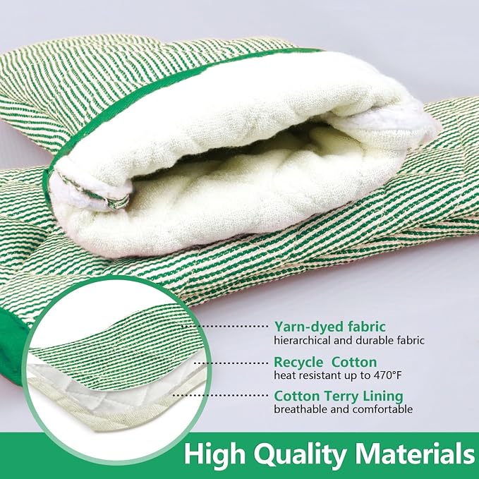 Yarn Dyed Oven Mitts 1 Pair, 100% Cotton Heat Resistant 470 Degree | Oven Gloves for Men Women Cooking Baking Barbecue BBQ Microwave Crafting Machine Washable Pot Holders Mittens (Green 2)
