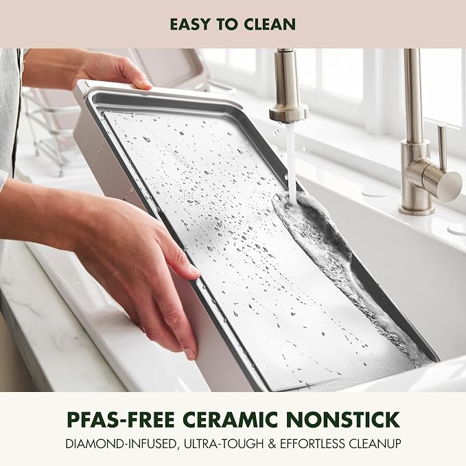 GreenPan Advanced 10.5”x 20” Electric Griddle with Warming Drawer, Healthy Ceramic Nonstick PFAS-Free Coating, Temperature Control, Easy and Versatile Countertop Meals, Dishwasher Safe, Clay