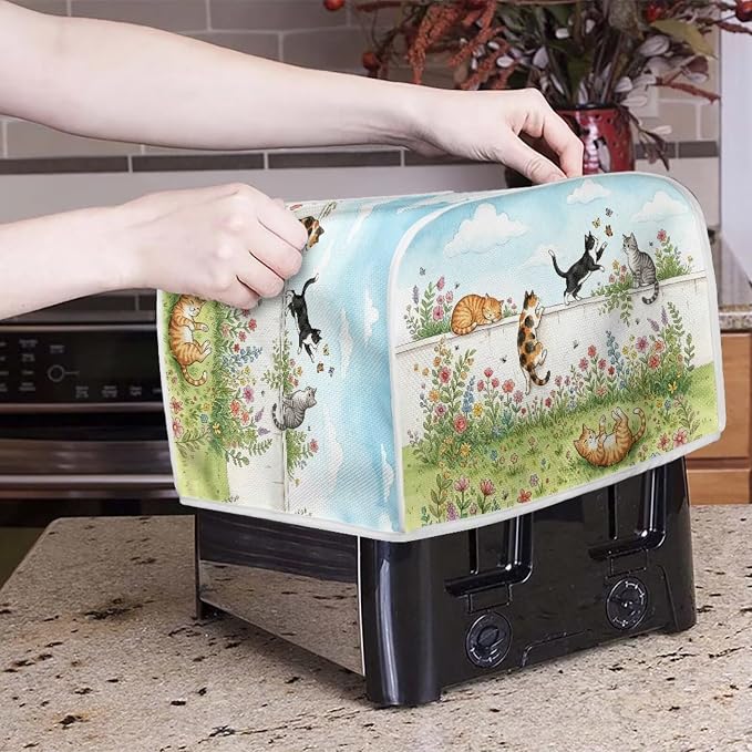 Cat Flower Print Bread Machine Cover 2 Slice Wide Slot Toaster Oven Dust Covers Anti Fingerprint Protective Cover for Kitchen