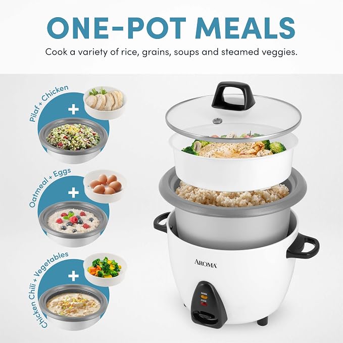 AROMA Rice Cooker, 10-Cup (Uncooked) / 20-Cup (Cooked), Steamer, Auto Keep Warm, Soup Maker, Oatmeal Cooker, Large Rice Cooker, 5 Qt, White, ARC-360-NGP