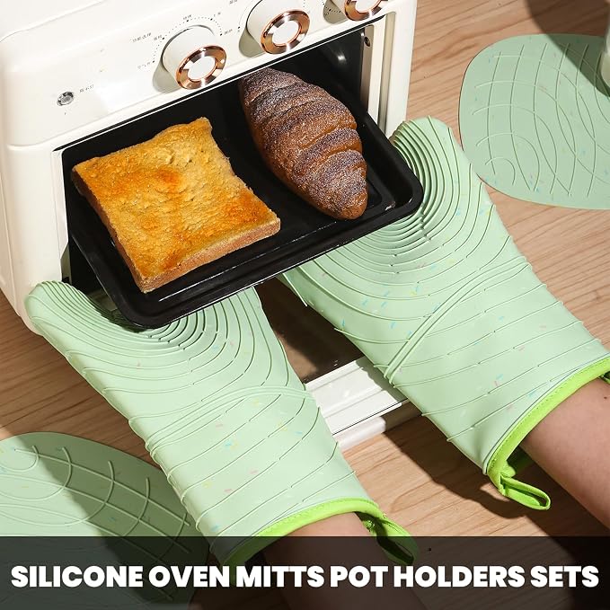 4 Pieces Oven Mitts and Pot Holders of Macaron Color Thickened Non-Slip Silicone Kitchen Gloves, Heat Resistant up to 500F, Essential for Kitchen Baking(makal-lv)
