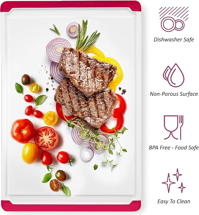 Extra Large Plastic Cutting Board for Kitchen - Red 18-Inch Dishwasher Safe Chopping Board, Reversible Cutting Board with Juice Groove + Non Slip Feet for Meat, Fruit, Vegetables by Belwares