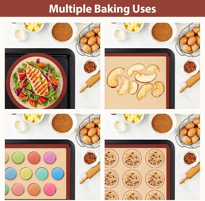 Silicone Baking Mat Set of 4, Nonstick Reusable Macaron Silicone Baking Mat & Round Pizza Mat, Cookie Baking Supplies for Macaroons, Pastry, Pizza, Red