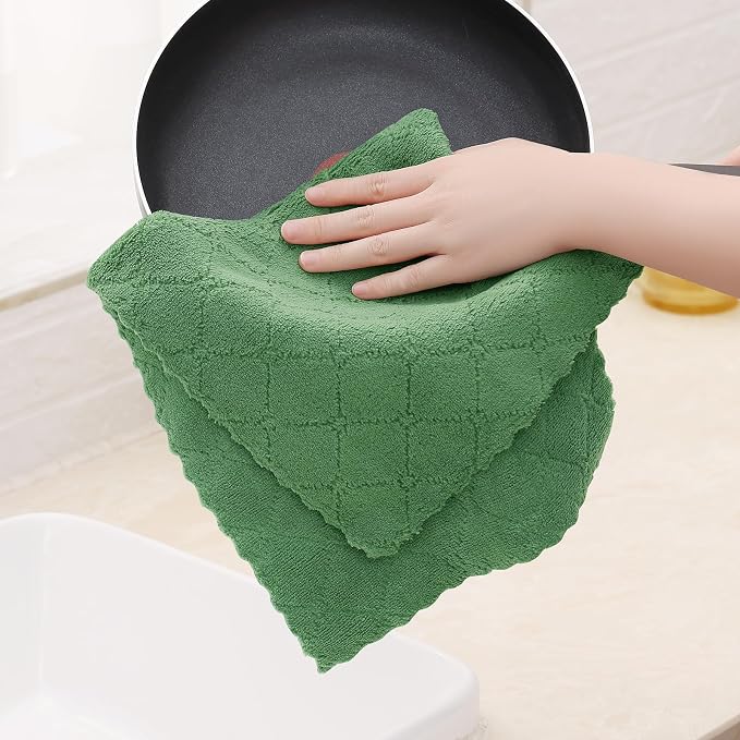 Homaxy 12 Pack Super Soft Absorbent Dish Towels, 10" x 20", Grass Green | Coral Velvet, Nonstick Oil Fast Drying Microfiber Cleaning Cloth, No Lint Dishcloths for washing and drying
