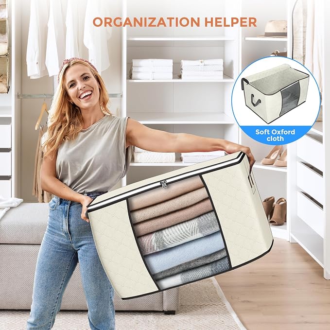 90L Large Storage Bags, 10 Pack Clothes Storage Bins Closet Organizers | Foldable Storage Containers, with Reinforced Handle, for Clothing, Blanket, Comforters, Bed Sheets, Pillows and Toys
