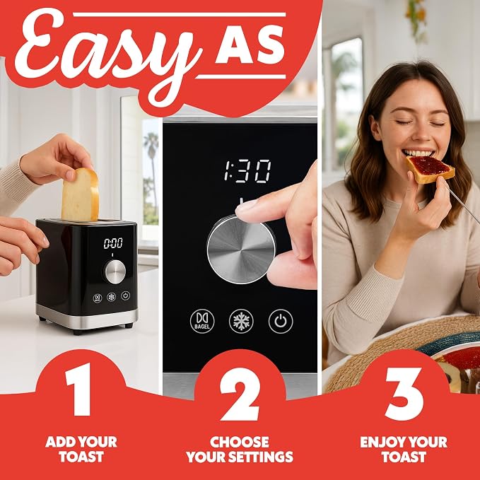 Gourmia 2 Slice Toaster – 6 Browning Levels with Bagel and Defrost Mode, One-Touch Toasting, Removable Crumb Tray, Extra Wide Slots, Compact Design, Black