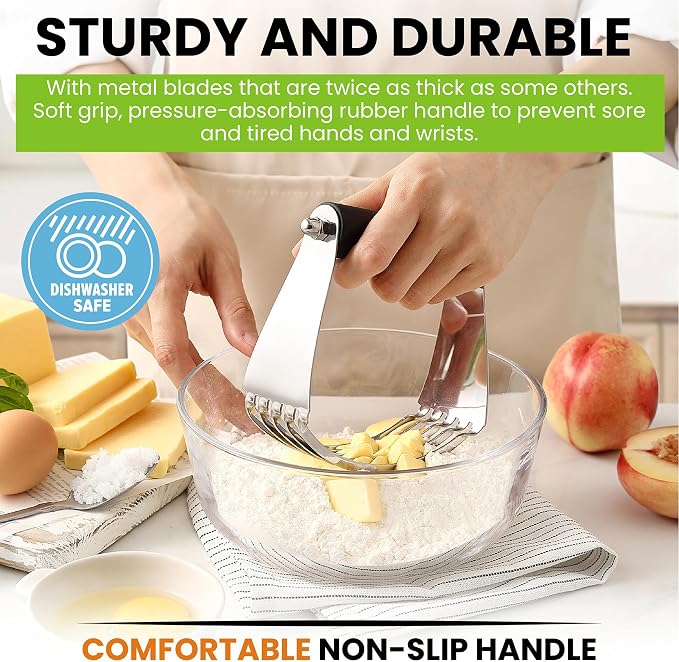 Spring Chef Stainless Steel Dough Blender & Biscuit Cutter Set for Baking | Heavy Duty Large Pastry Blender with Soft Grip Handle & Professional Cookie Cutter Set of 4, Dishwasher Safe, Black