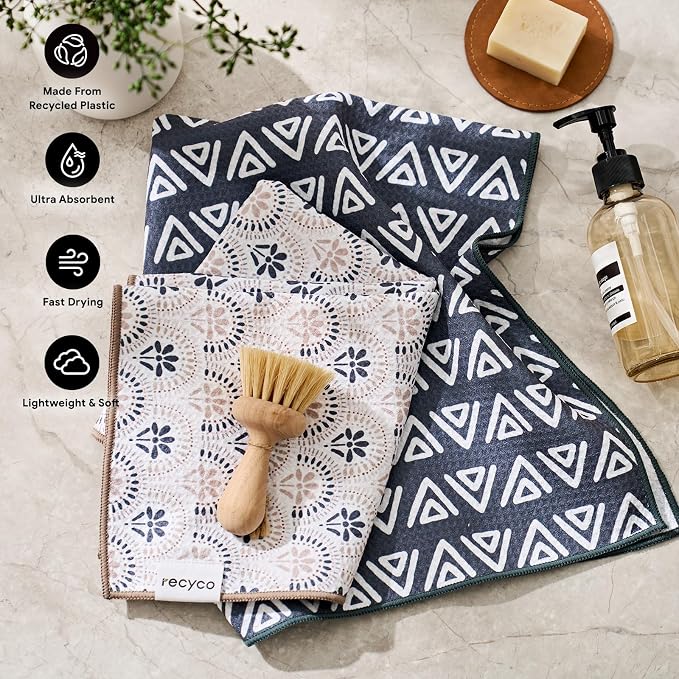 RECYCO Waffle Kitchen Towel Set of 2 - Quick Dry Microfiber Sustainable Dish Towels - Ultra Absorbent Reusable Cleaning Tea Towels - Lightweight Hand Towels,16”x 28”, Neutral Boho