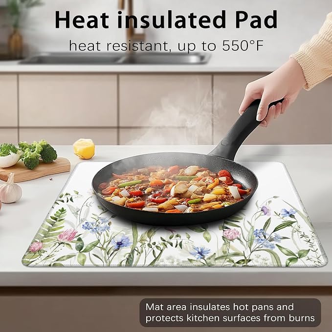 Electric Stove Top Cover Protector –Vintage Wild Flowers Glass Flat Top Stove Mat Oven Induction Cooktop Mat for Ceramic Countertop Mats Heat-Resistant Dish Drying Mat