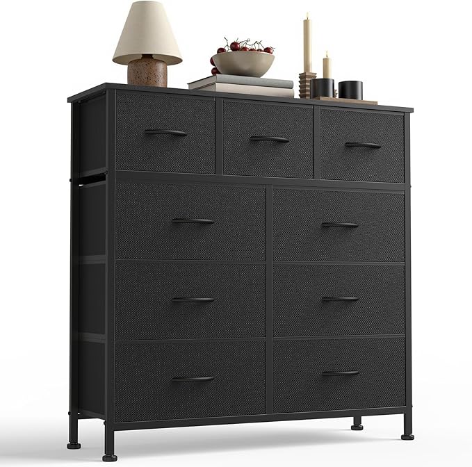 Sweetcrispy 9-Drawer Fabric Dresser Storage Tower with Wood Top, Black | Sturdy Steel Frame with Wood-top, Easy-pull Handle, Space-Saving Organizer Chest for Bedroom, Closet, Lightweight and Stable