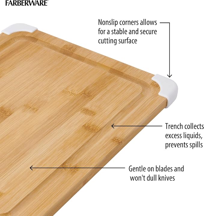 Farberware Nonslip Bamboo Cutting Board with Juice Groove,11x14 Inch,White,(Pack of 6)