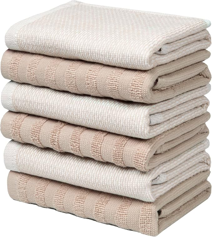 Bumble Premium Dish Cloths 13"x13" (6 Pack) | 100% Natural Ring Spun Cotton | 400 GSM | Highly Absorbent & Soft |Yarn Dyed & Solid Dyed Terry Dish Cloth Set - Tan