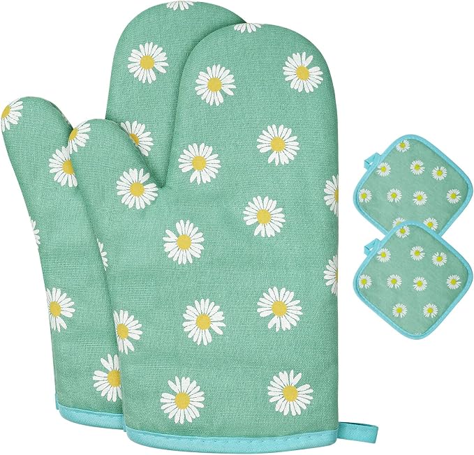 AUAUY Oven Mitts and Potholders, BBQ Gloves Heat Resistant, Daisy-Green | 1 Pair Oven Mitts + 2 Pot Holders, Cotton Non-Slip Cooking Gloves Home Essentials for Cooking Baking Kitchen Microwave Pizza