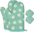 AUAUY Oven Mitts and Potholders, BBQ Gloves Heat Resistant, Daisy-Green | 1 Pair Oven Mitts + 2 Pot Holders, Cotton Non-Slip Cooking Gloves Home Essentials for Cooking Baking Kitchen Microwave Pizza