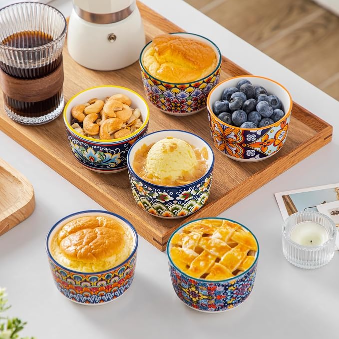 vancasso 6 Oz Ramekins Oven Safe Set of 6, Ceramic Baking Souffle Dishes | Bohemian Ramekins for Creme Brulee, Souffle, Custard, Pudding, Small Bowls for Dipping Sauce, Ice Cream