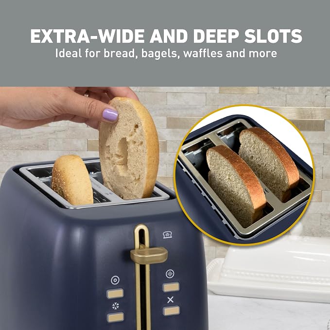 West Bend Timeless 2-Slice Toaster with 7 Browning Levels, Bagel/Waffle/Defrost Settings, High-Lift Lever, Anti-Jam, Easy-Clean Crumb Tray, 2-Slice, Blue/Gold