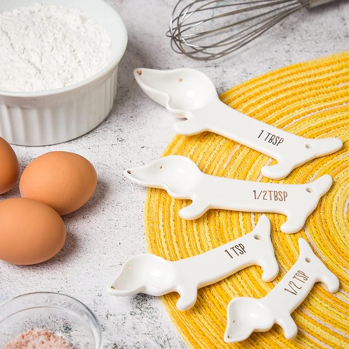 Dachshund Measuring Spoons, Ceramic, Set of 4, Dog Lover Gifts | Weiner or Wiener Dog Themed Kitchen Baking Tools, White Ceramic, Gift for Dachshund Lovers