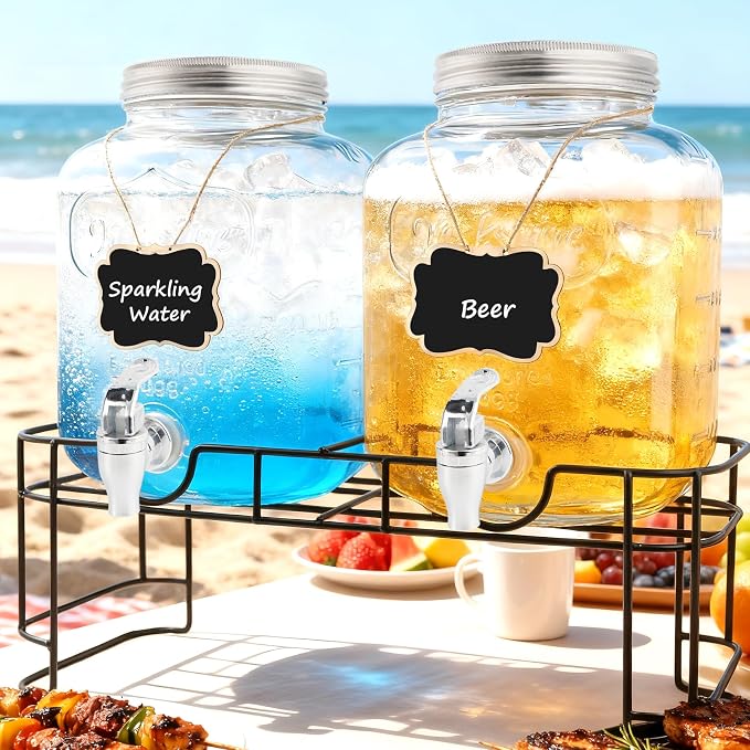 1.5 Gallon Glass Drink Dispensers For Parties-Set of 2,Drink Dispenser with Fruit Infuser & Stand,Juice or Beverage Dispenser for BBQ, Picnic, Party,Water Dispenser Laundry Detergent Dispenser