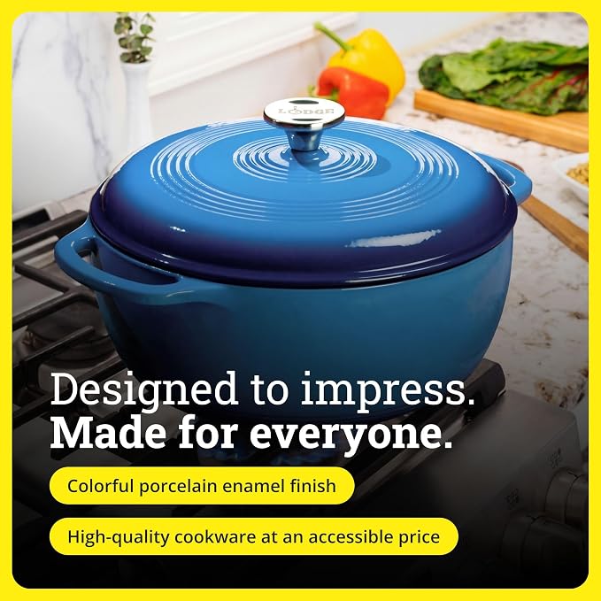 Lodge Essential Enamel Cast Iron Dutch Oven 6 Quarts - Perfect for Bread Baking, Braising, Marinating & Slow Cooking, Features Moisture-Sealing Lid & Dual Handles, Kitchen Essentials, Caribbean Blue